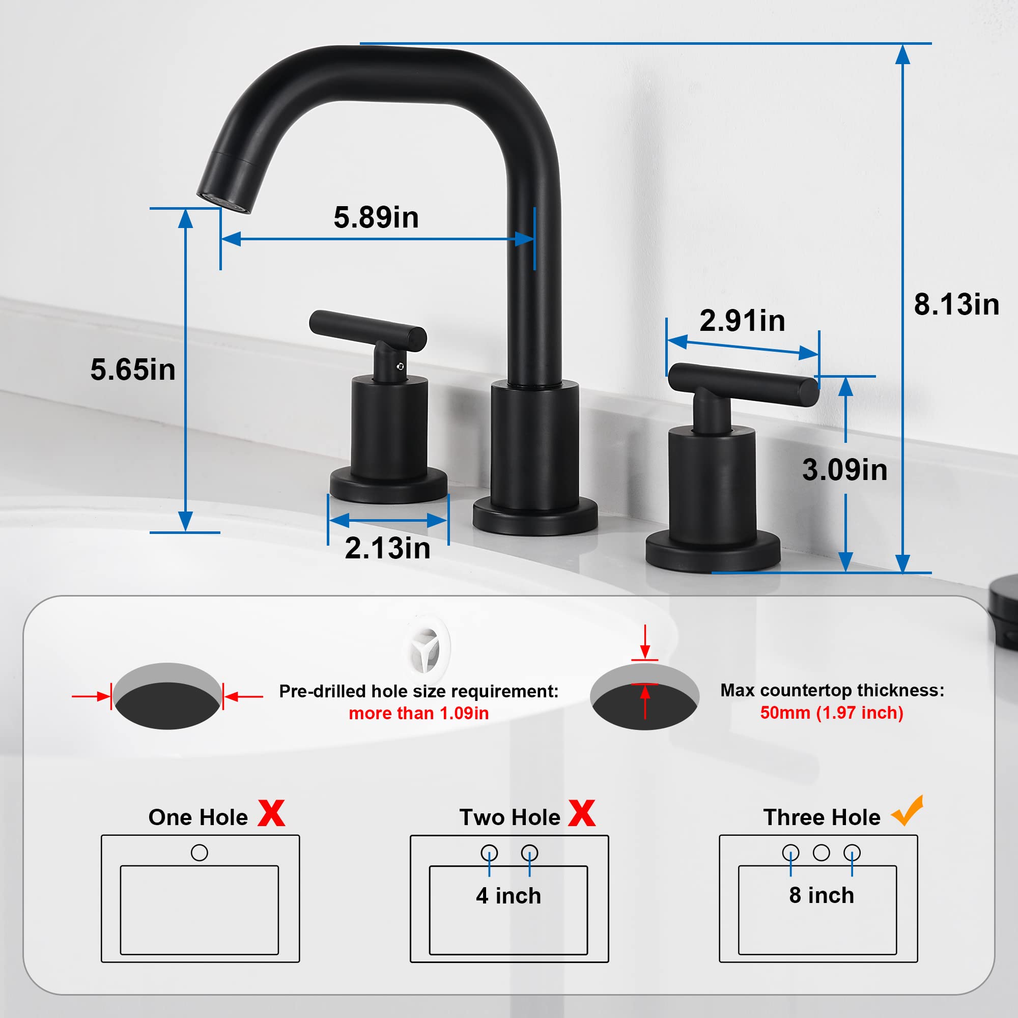 FROPO Black Bathroom Faucet 3 Holes - Two Handles Widespread 8 inch Bathroom Sink Faucet 3 Pieces Basin Faucets 360 Degree Swivel Spout Vanity Sink Faucet with Drain & Supply Hoses