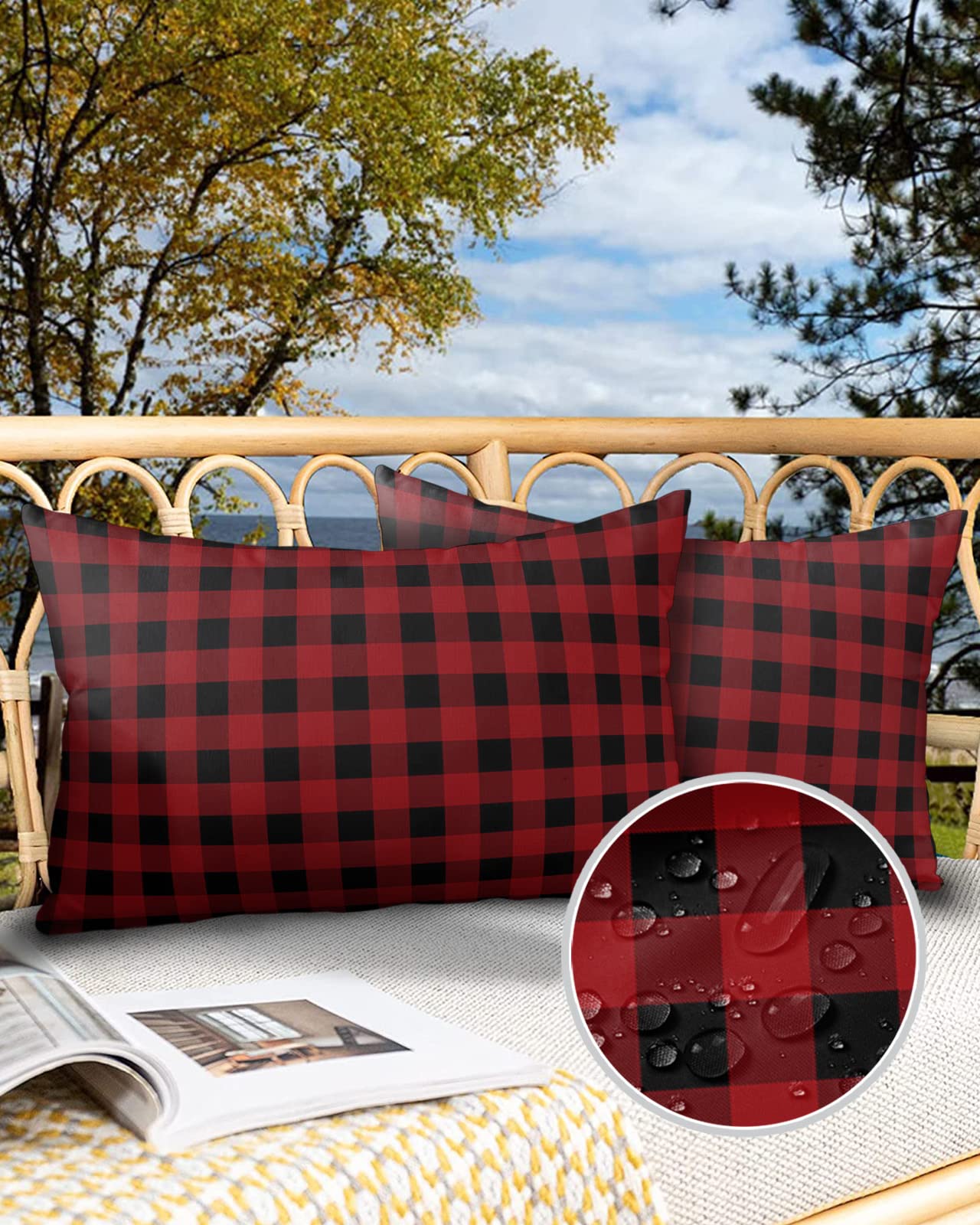 Sailground Outdoor Pillows, Red and Black Buffalo Check Plaid Pillow Covers 12x20, Outdoor Pillow Covers, Outdoor Pillows for Patio Furniture, 2Pack Throw Pillow Covers, Waterproof Throw Pillows