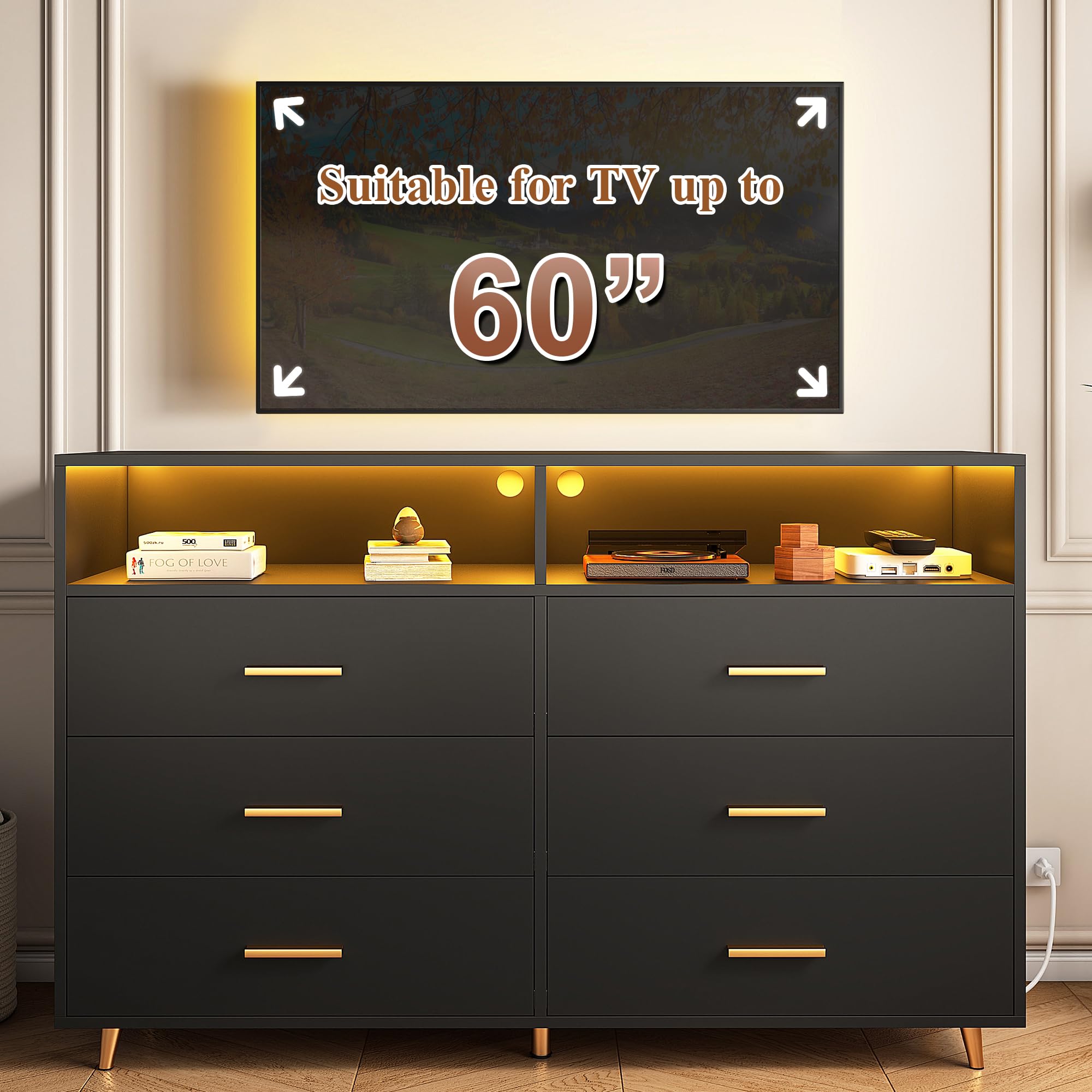 EnHomee Black Dresser with LED Lights, Wood Dresser for Bedroom with Wide Large Drawers and Metal Handles, Elegant Chest of Drawers for Clothes Storage Living Room Hallway Entryway, 47.2" W