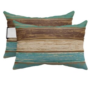 Teal Wood Grain Outdoor Chaise Lounge Head Resting Pillows 2 Pack, Farm Teal Brown Wooden Board Waterproof Patio Furniture Pillow with Insert Adjustable Elastic Stripe for Recliner Beach Chairs