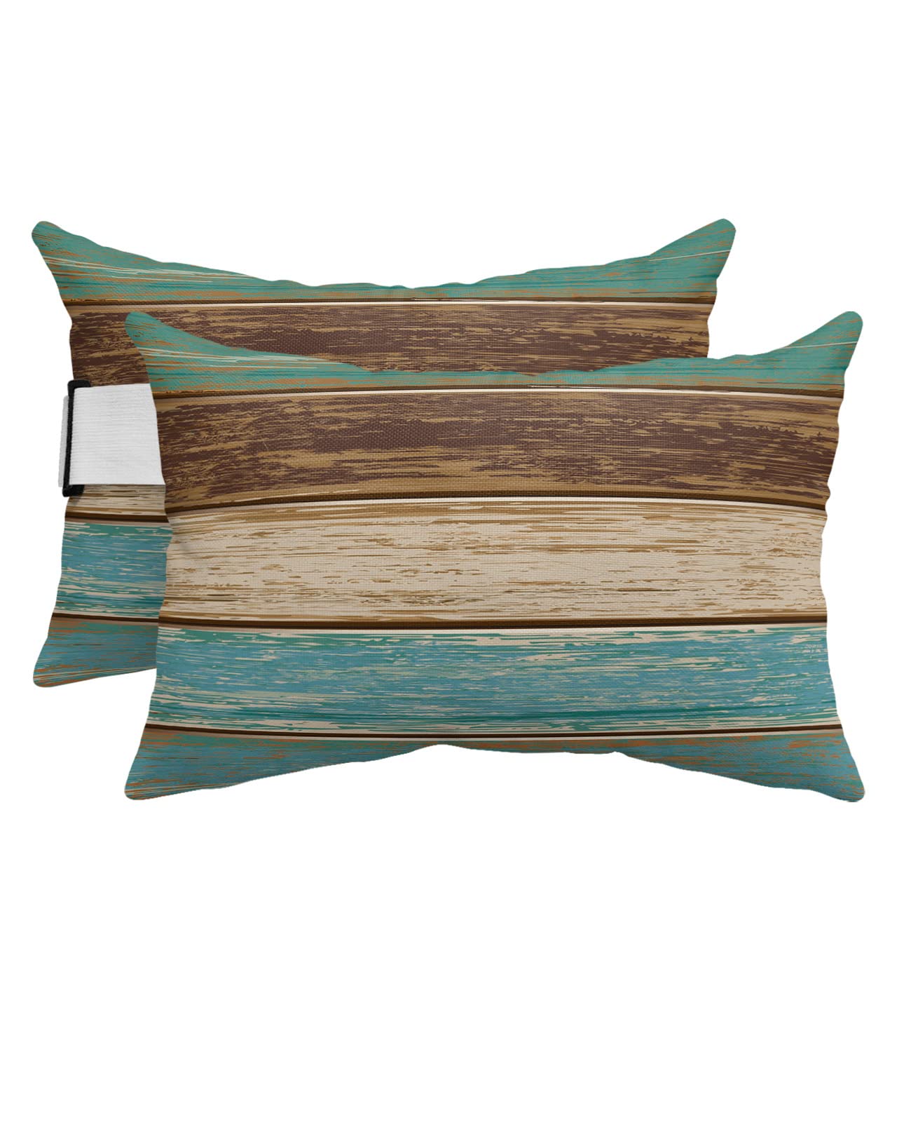 Teal Wood Grain Outdoor Chaise Lounge Head Resting Pillows 2 Pack, Farm Teal Brown Wooden Board Waterproof Patio Furniture Pillow with Insert Adjustable Elastic Stripe for Recliner Beach Chairs