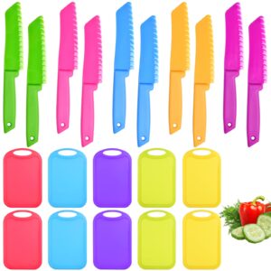 aemygo 20 pcs kids knife set with cutting board, plastic child safe knives for real cooking serrated edges toddler knife children chopping board, kid cutting utensils for fruit, bread, lettuce