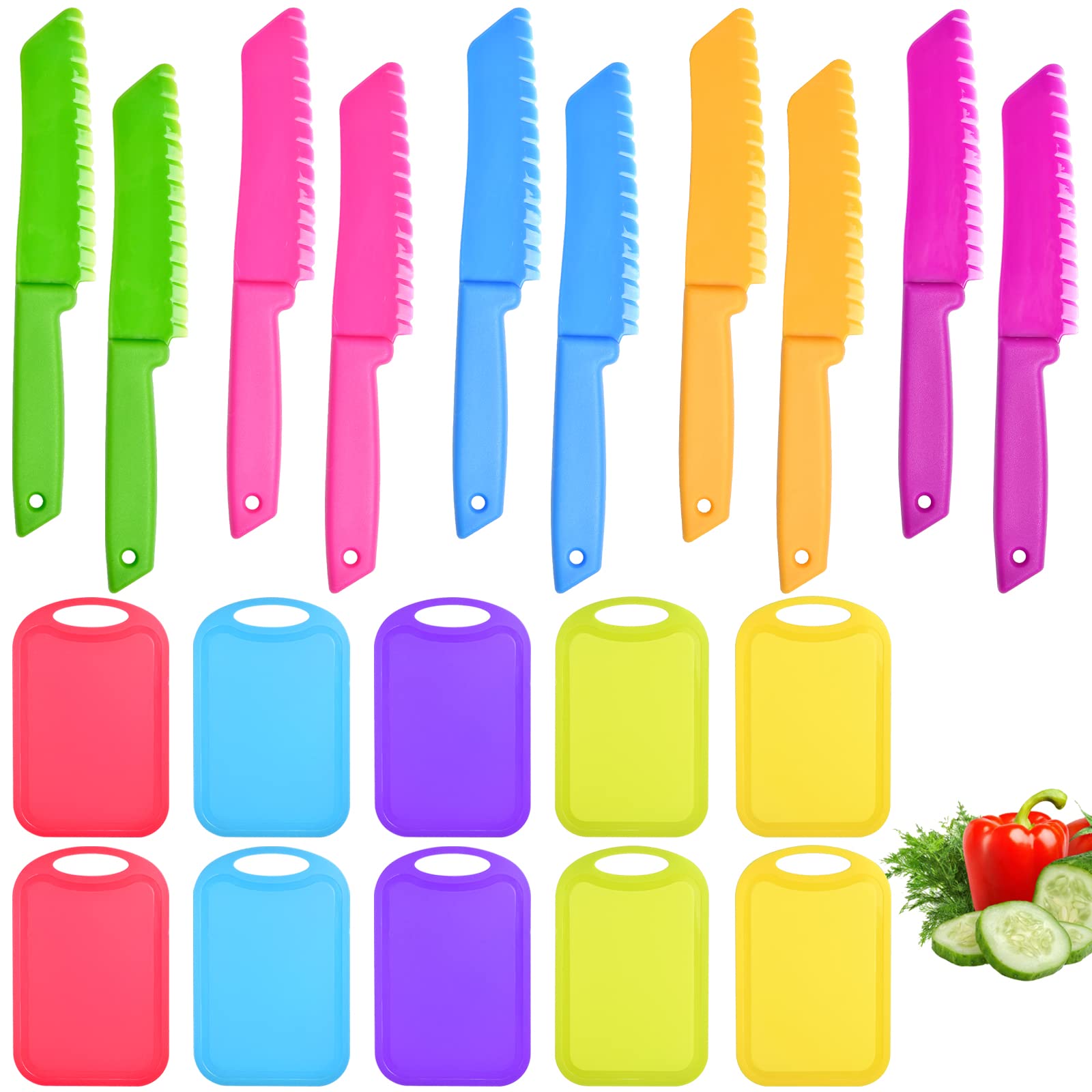 Aemygo 20 Pcs Kids Knife Set with Cutting Board, Plastic Child Safe Knives for Real Cooking Serrated Edges Toddler Knife Children Chopping Board, Kid Cutting Utensils for Fruit, Bread, Lettuce