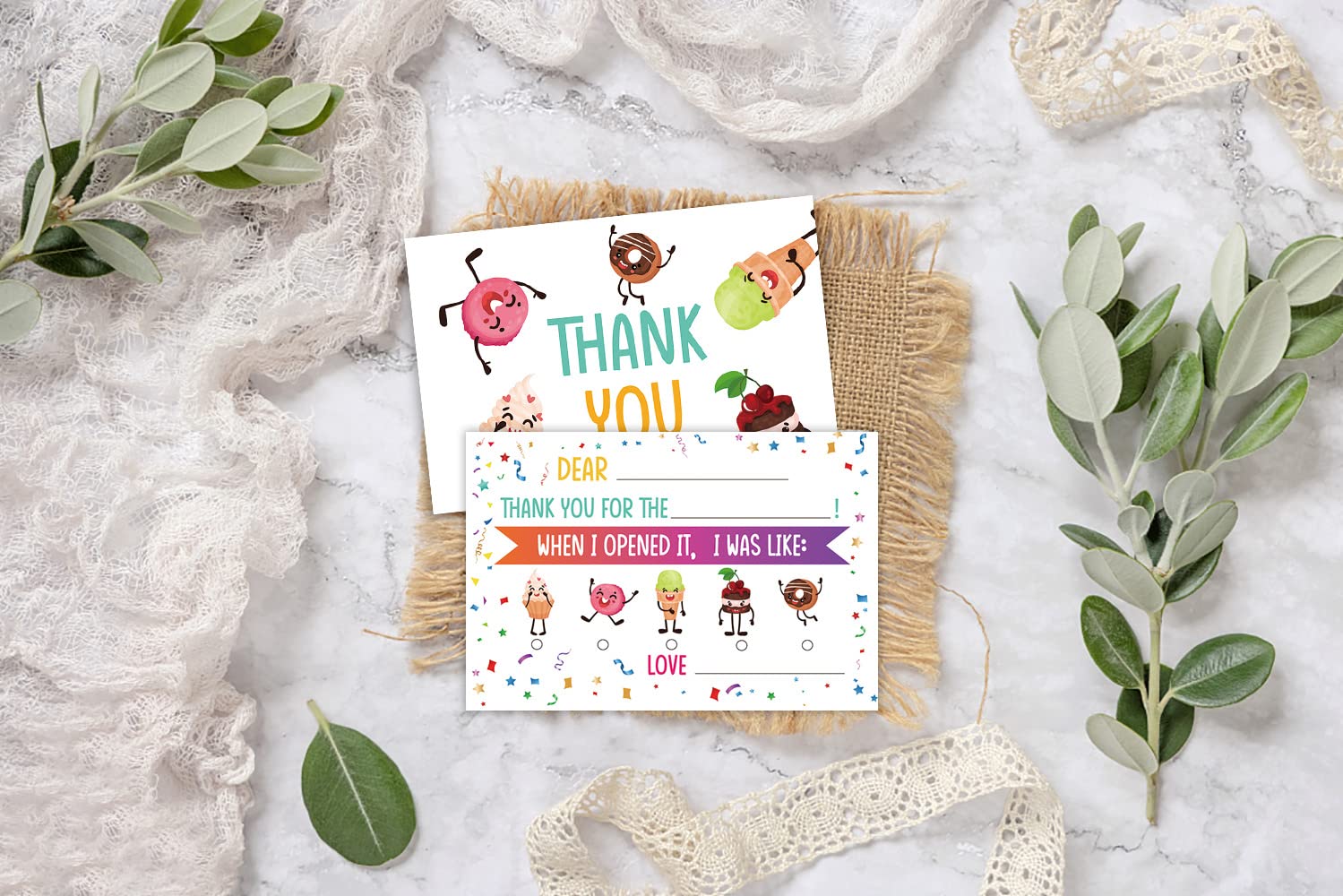 QOFO Ice Cream Fill in the Blank Thank You Cards,Donut Thank You Card,Gender Neutral Thank You Notes,For Boys Birthday Party,Event,or Holiday Use,Thank You Notes with Envelopes Set of 25-GXK14