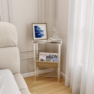 Eglaf Acrylic Narrow Side Table for Small Spaces - Slim End Table with Magazine Holder - Skinny Side Table Small Bedside Table Nightstand for Living Room Bedroom- 15.7” L x 7” W x 23.9” H, Clear