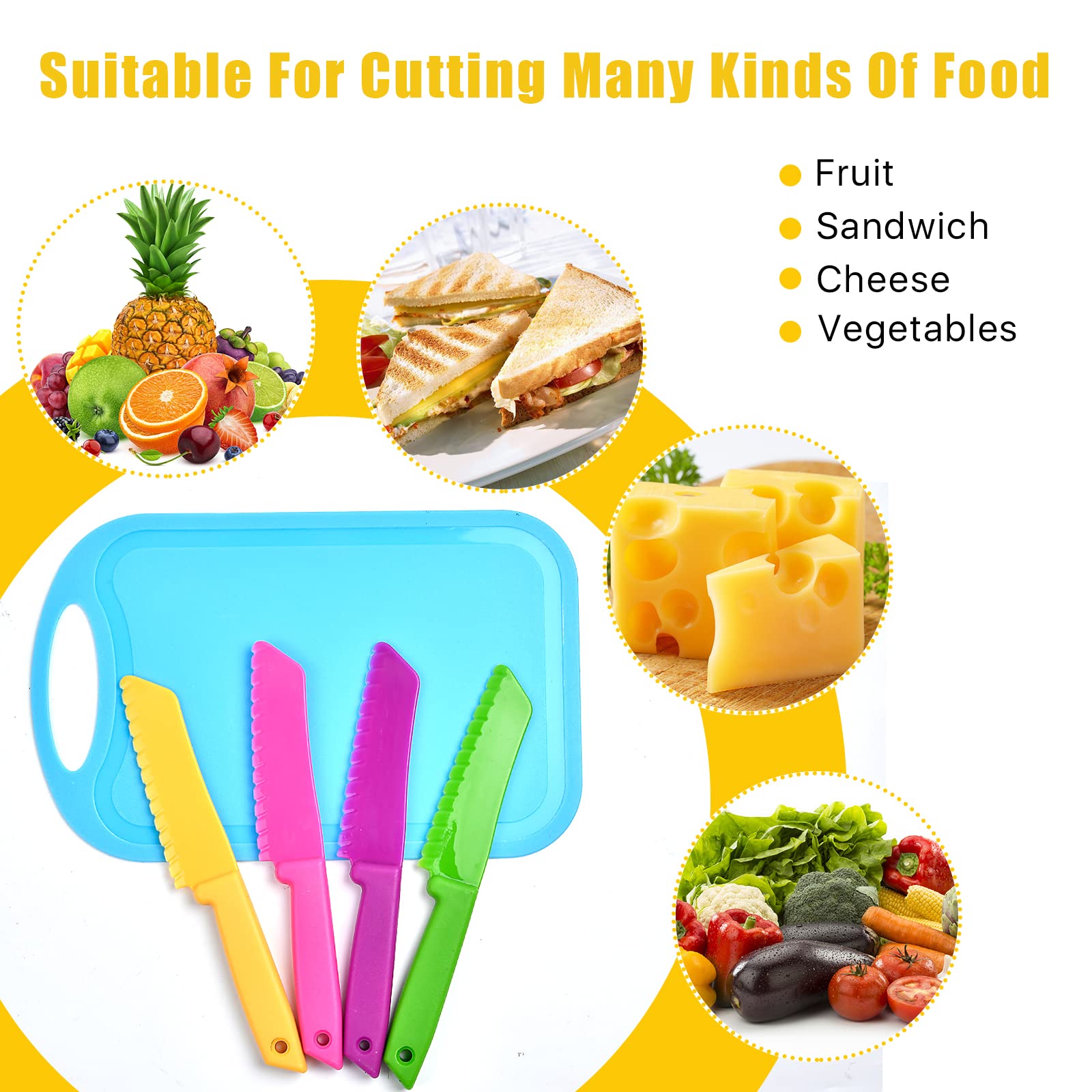 Aemygo 20 Pcs Kids Knife Set with Cutting Board, Plastic Child Safe Knives for Real Cooking Serrated Edges Toddler Knife Children Chopping Board, Kid Cutting Utensils for Fruit, Bread, Lettuce