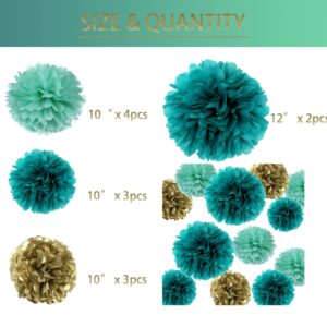 12PCS Teal Turquoise Aqua Gold Party Paper Flowers Streamers Pom Poms for Backdrop Birthday Wedding Baby Bridal Shower Bachelorette Christmas Nursery Wall Hanging Décor