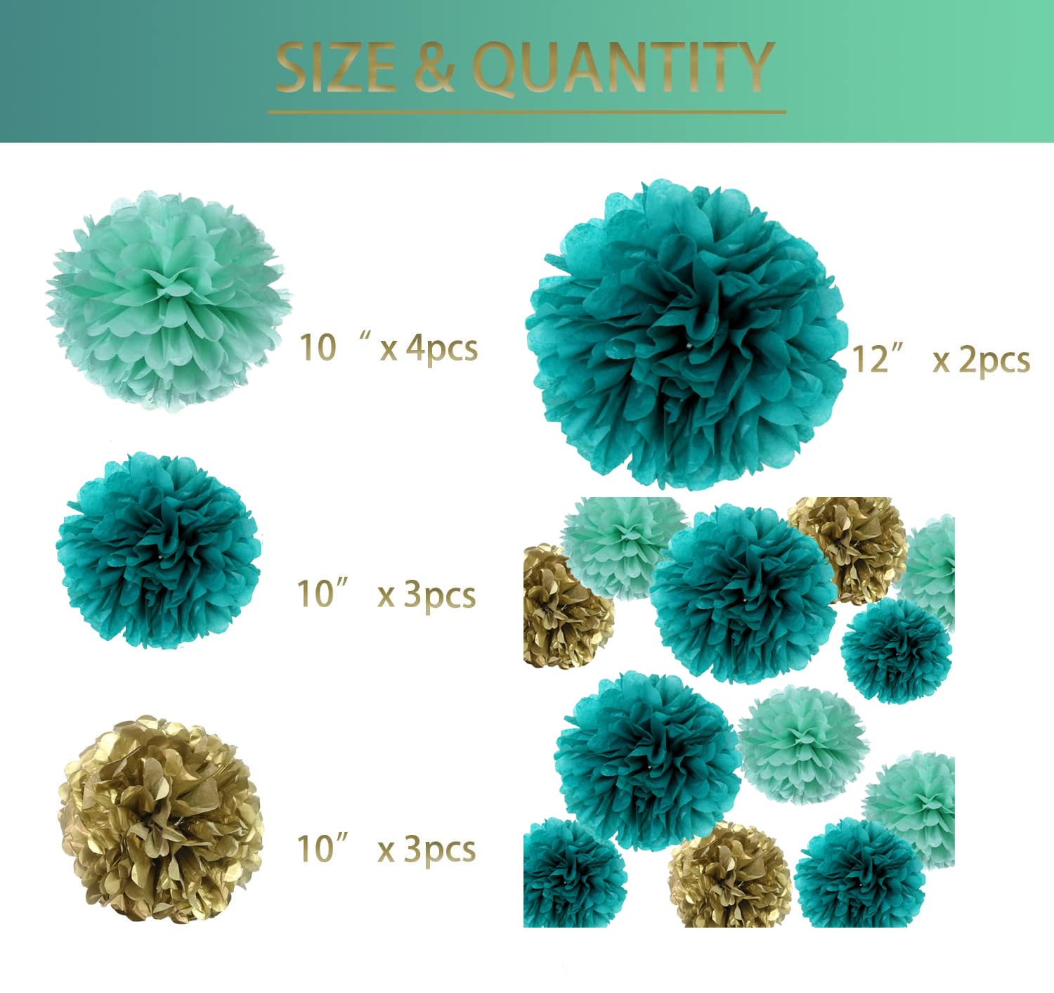 12PCS Teal Turquoise Aqua Gold Party Paper Flowers Streamers Pom Poms for Backdrop Birthday Wedding Baby Bridal Shower Bachelorette Christmas Nursery Wall Hanging Décor