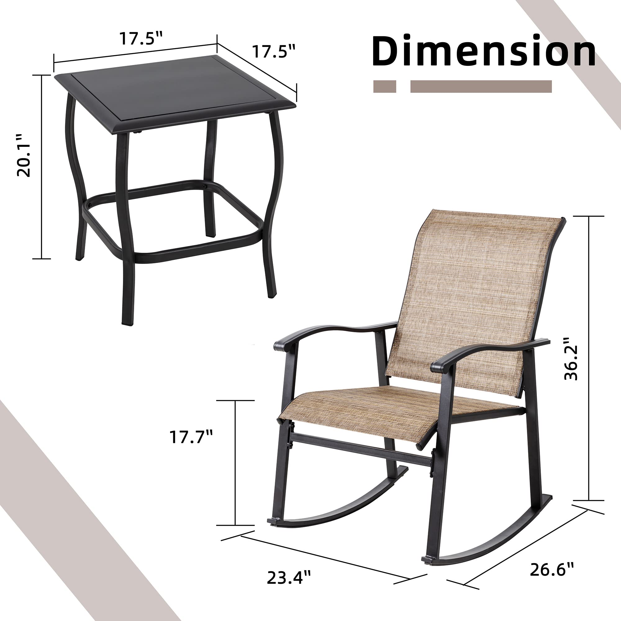 Vongrasig 3 Piece Outdoor Rocking Bistro Set, Textilene Fabric Small Patio Furniture Set, Front Porch Rocker Chairs Conversation Set with Glass Table for Lawn, Garden, Balcony, Poolside (Brown)