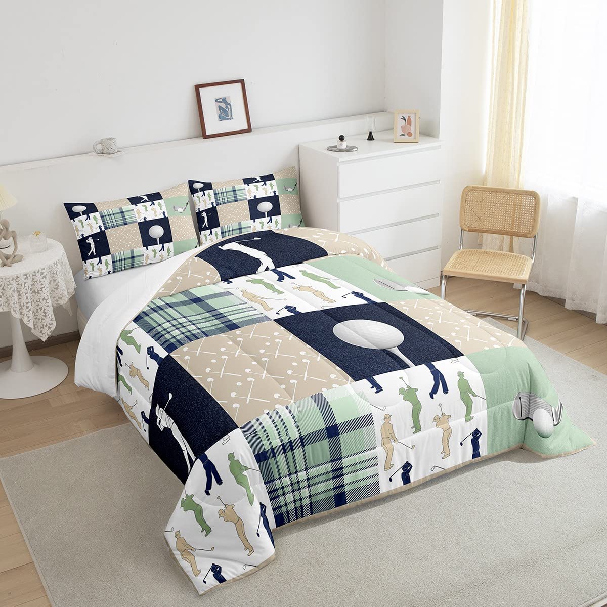 Castle Fairy Golf Plaid Comforter Set Twin Size,Ball Sports Lover Style Bedding Set for Kids Boys Men,Green Buffalo Grid Geometric Quilted Duvet Set with 1 Pillowcase