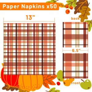 ​Quera 50 Pack Fall Paper Napkins Pumpkin Spice Plaid Autumn Cocktail Napkins Thanksgiving Party Supplies Disposable Bar Napkins for Thanksgiving Party, Engagement, Baby Shower, Celebration Party