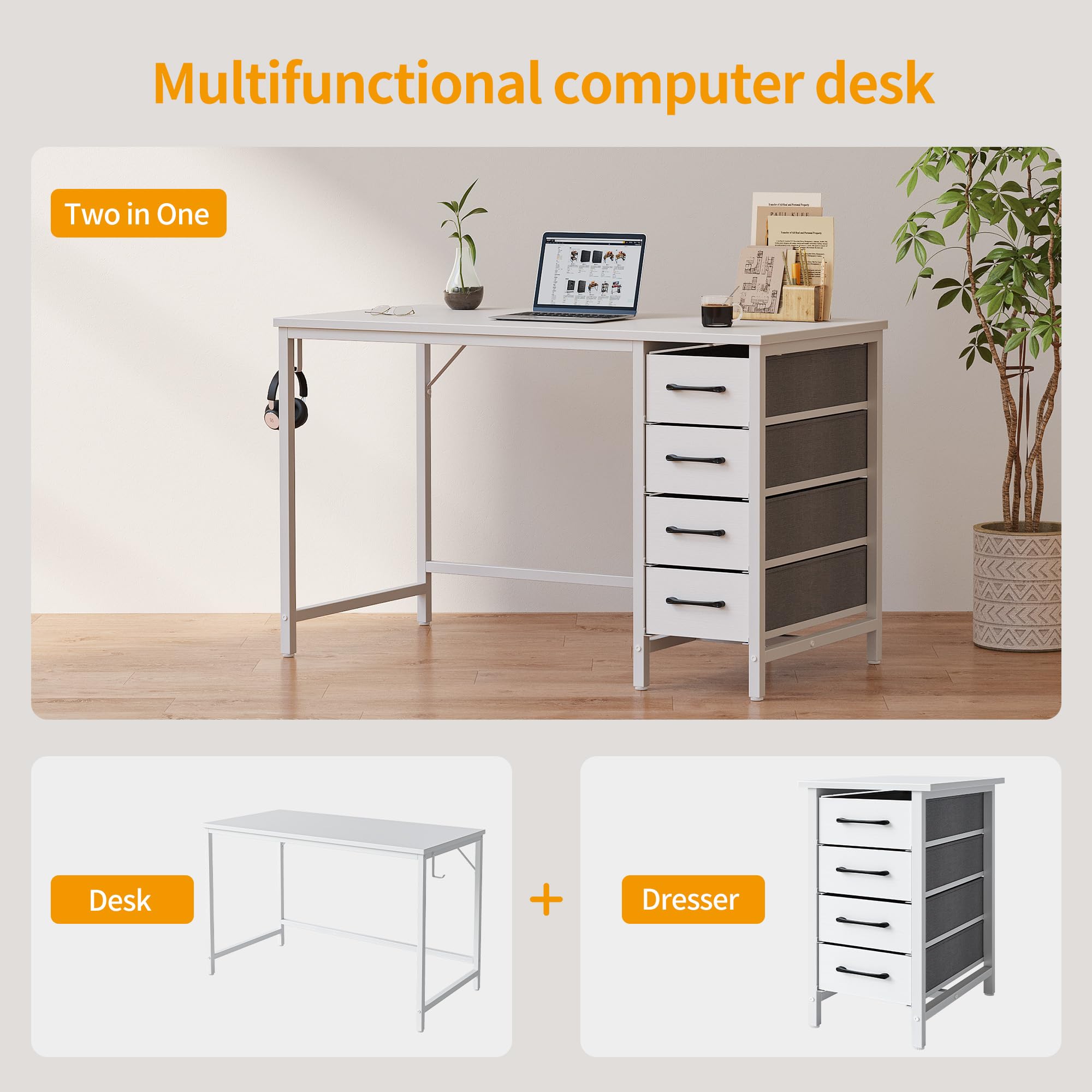 CubiCubi 40 Inch Computer Reversible Desk with 4 Storage Drawers, Small Home Office Kids Student Writing Study Work Table for Bedroom, White