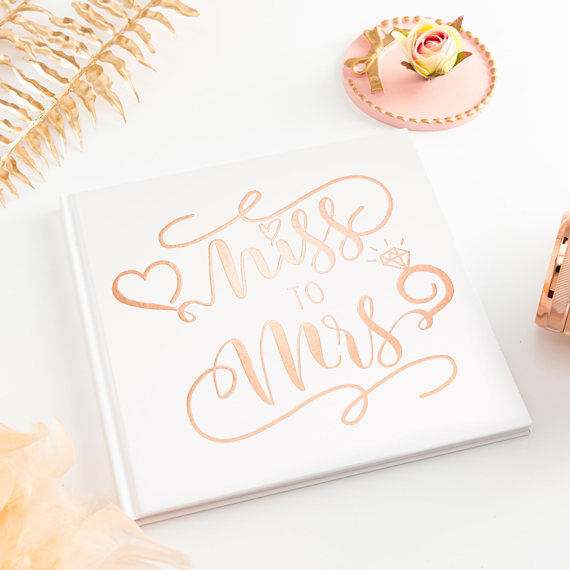 Calculs Bridal Shower Guest Book Miss to Mrs Picture Book Polaroid Blank Pages for Instant Film Rose Gold Bachelorette Party Sign in Book 8.5” Square White Cover Rose Gold Foil Stamping