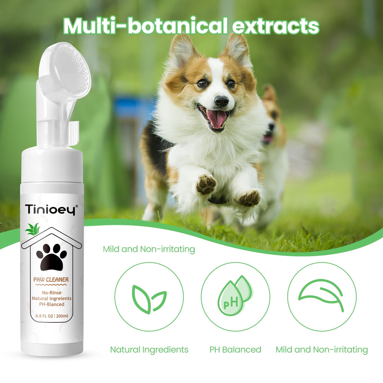 Tinioey Foaming Paw Cleaner for Dogs and Cats (6.8 oz) | No-Rinse Dandelion Cleanser with Brush and Absorbent Towel (Fragrance Free)