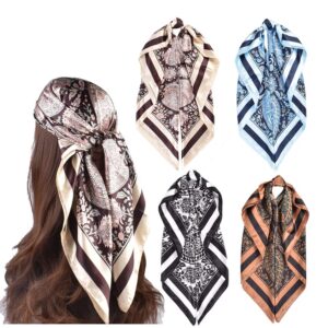 upeilxd 4pcs silk head scarves for women satin hair scarf 35”large square bandana silk like neck scarf shawl (blue/coffee/beige/black)