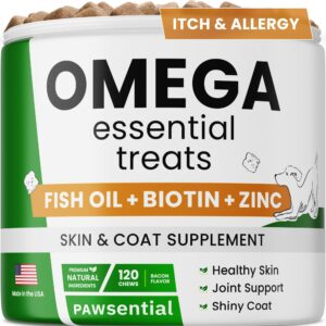 pawsential omega fish oil for dogs - for dry itchy skin - allergy relief for dogs itching - omega skin&coat supplement chews - itch relief, shedding, hot spots - anti itch vitamins skin health -120 ct