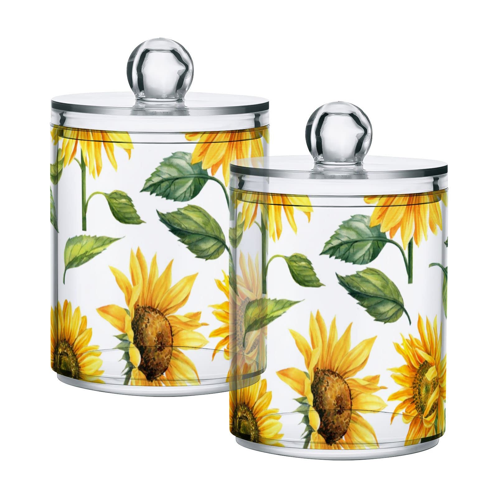 ALAZA 2 Pack Qtip Holder Dispenser for Cotton Ball Yellow Sunflower Cotton Swab Cotton Round Pads Clear Plastic Acrylic Jar Set Bathroom Canister