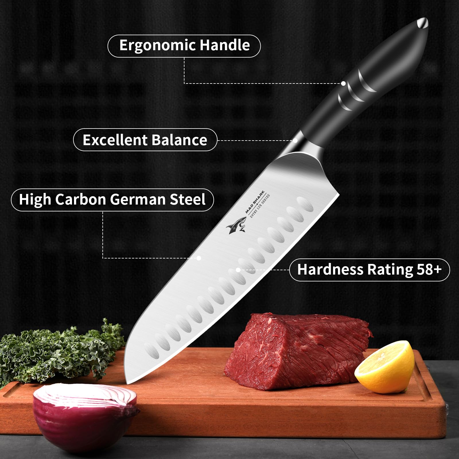 MAD SHARK Santoku Knife 8 Inch Chef Knife Ultra Sharp Asian Kitchen Knife, Forged High Carbon German Steel, Ergonomic Handle Design, Best Christmas Gifts for Women Men, Black