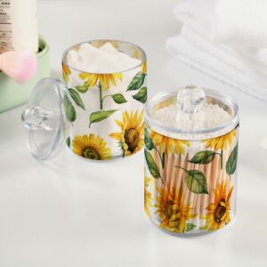 ALAZA 2 Pack Qtip Holder Dispenser for Cotton Ball Yellow Sunflower Cotton Swab Cotton Round Pads Clear Plastic Acrylic Jar Set Bathroom Canister