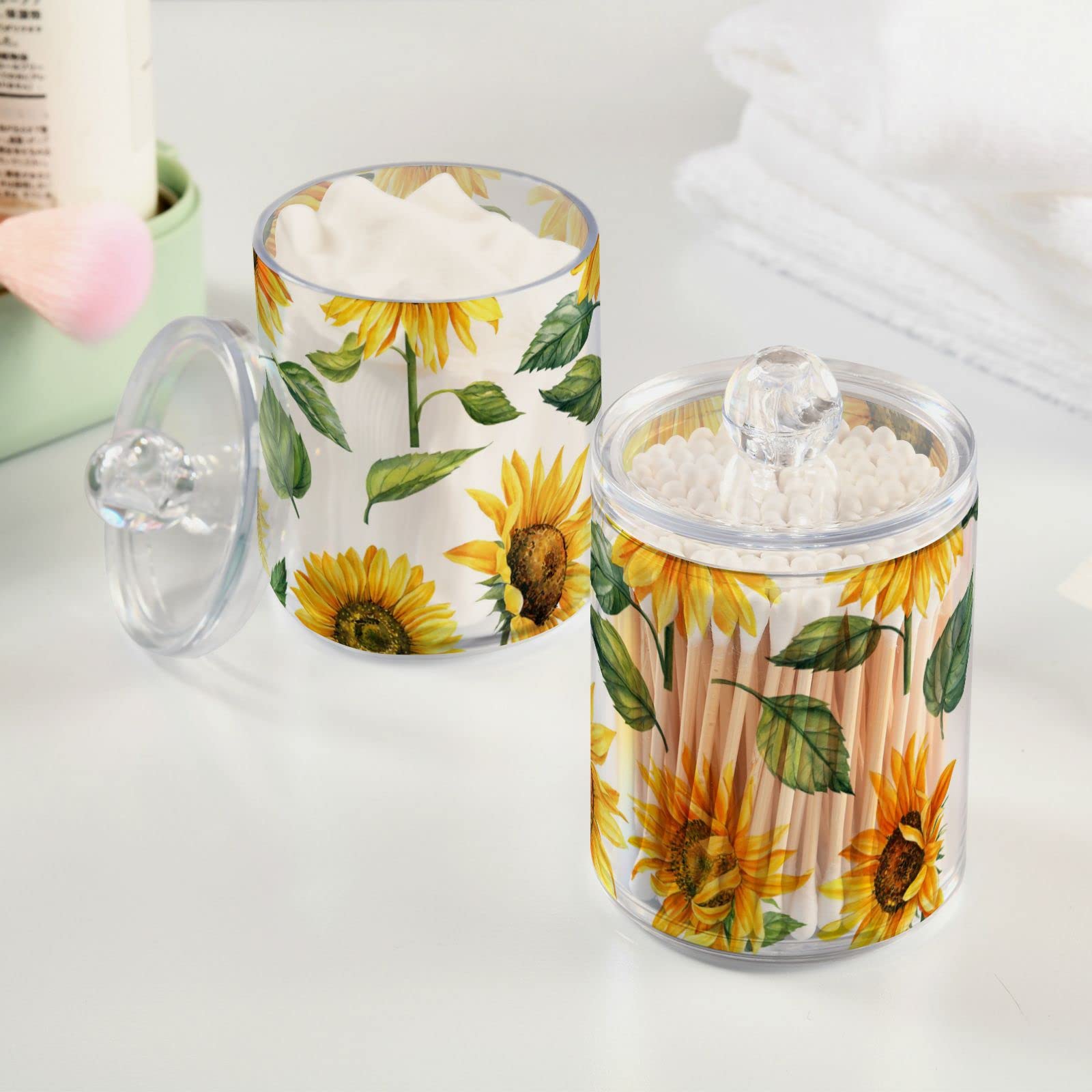 ALAZA 2 Pack Qtip Holder Dispenser for Cotton Ball Yellow Sunflower Cotton Swab Cotton Round Pads Clear Plastic Acrylic Jar Set Bathroom Canister