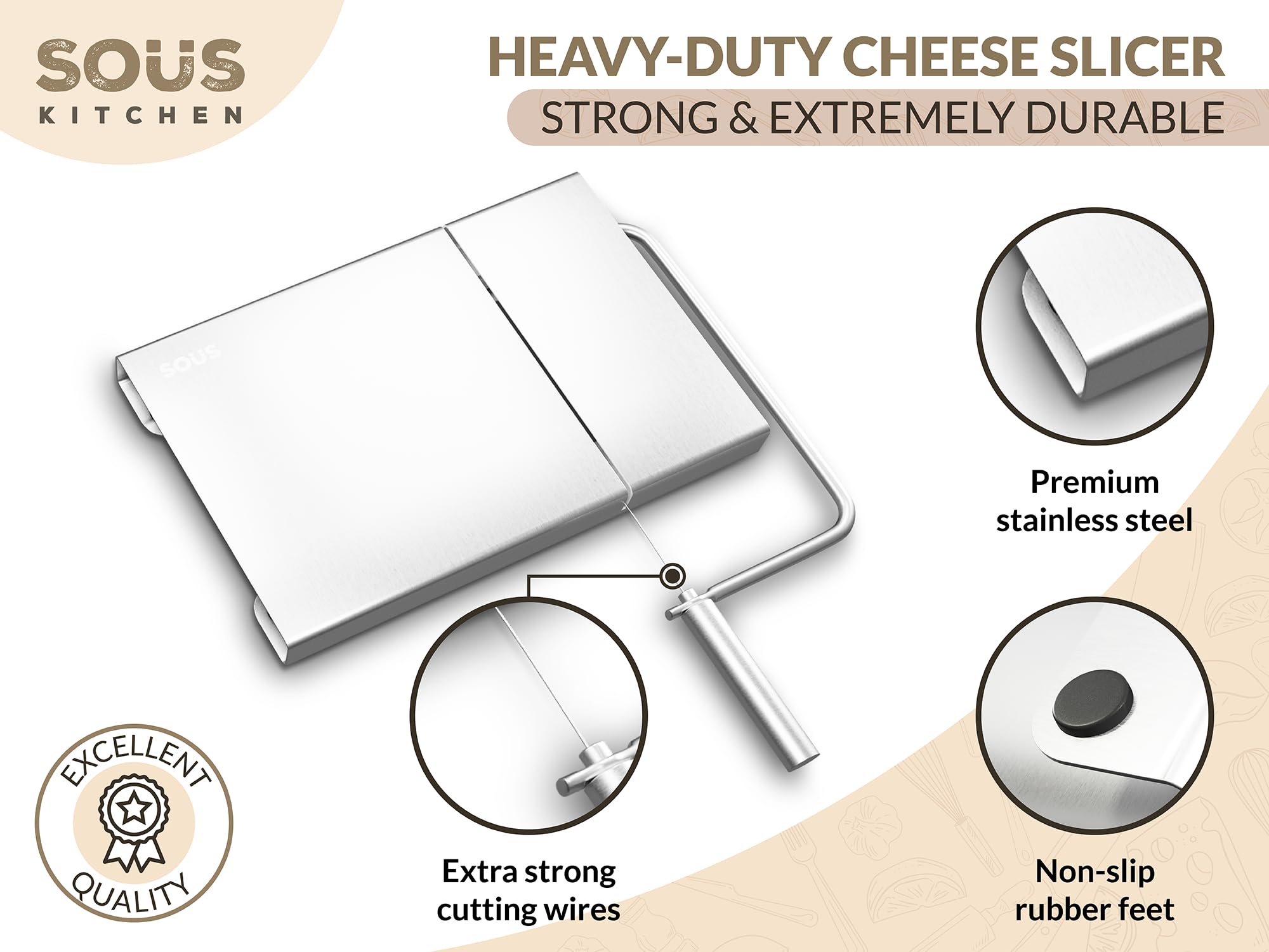 Sous Kitchen Cheese Slicers For Block Cheese - Cheese Cutter With Wire For Precise Cutting Experience - Foldable Wire Cheese Slicer - Rust Proof Cheese Slicer Wire - Dishwasher Safe Wire Cheese Cutter