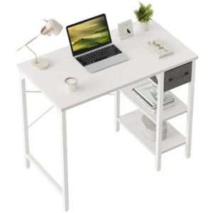 cubicubi computer desk, 35 inch small home office desk with drawer storage shelves for small space, writing study desk, white