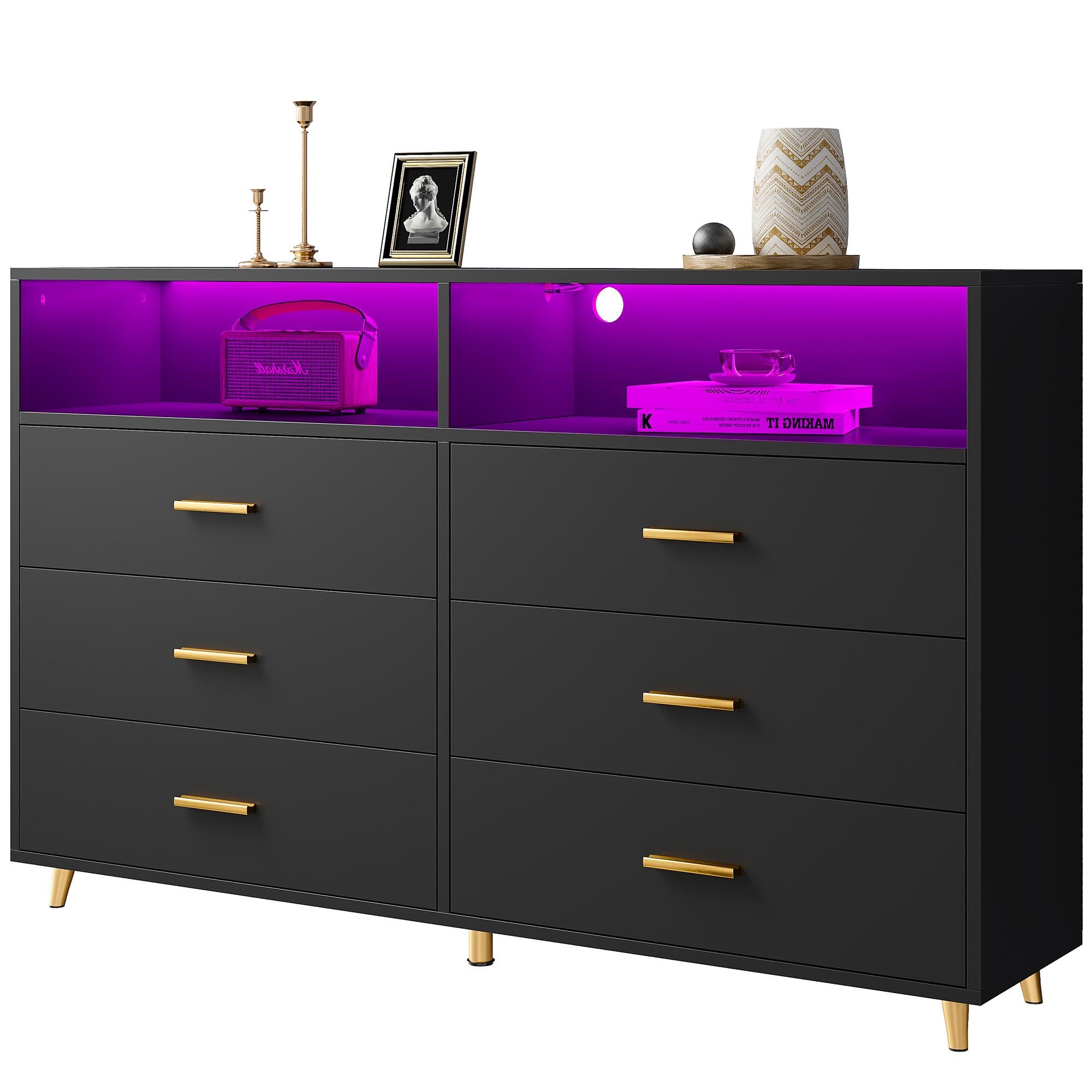 EnHomee Black Dresser with LED Lights, Wood Dresser for Bedroom with Wide Large Drawers and Metal Handles, Elegant Chest of Drawers for Clothes Storage Living Room Hallway Entryway, 47.2" W