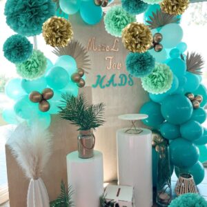 12PCS Teal Turquoise Aqua Gold Party Paper Flowers Streamers Pom Poms for Backdrop Birthday Wedding Baby Bridal Shower Bachelorette Christmas Nursery Wall Hanging Décor