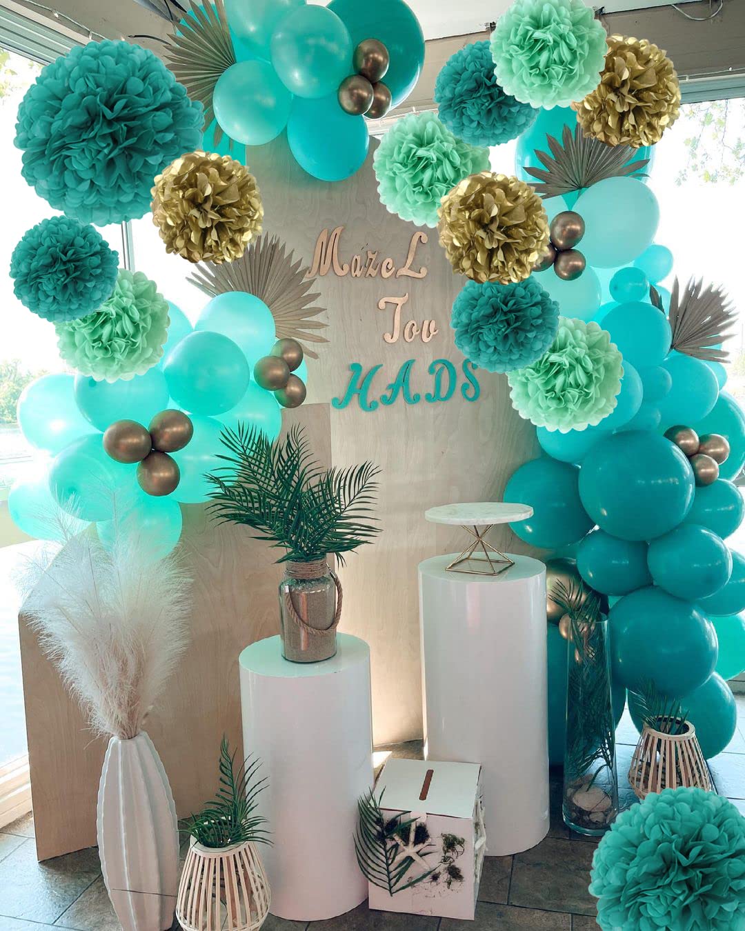 12PCS Teal Turquoise Aqua Gold Party Paper Flowers Streamers Pom Poms for Backdrop Birthday Wedding Baby Bridal Shower Bachelorette Christmas Nursery Wall Hanging Décor