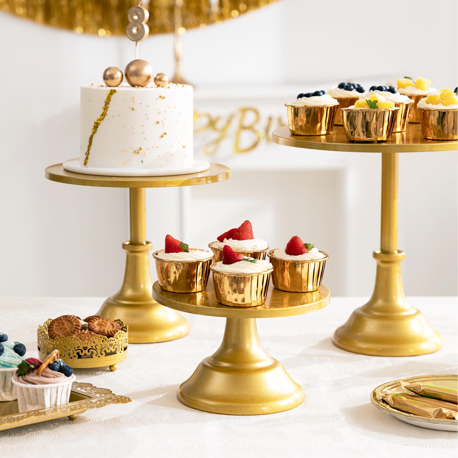 HBlife 3 Pcs Cake Stand, Gold Cake Stand Set Disc Diameter 8" 10" 12", Perfect Dessert Table Display Set, Cupcake&Cake Stands for Party, Wedding, Birthday, Baby Shower, Anniversary (Metal)