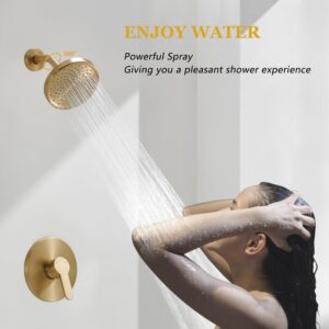 Tohlar Gold Shower Faucet Set with Tub Spout, Bathtub and Shower Faucet Combo Kit, 6-Inch Rain Shower Head and Faucet Set with Valve, Brushed Gold