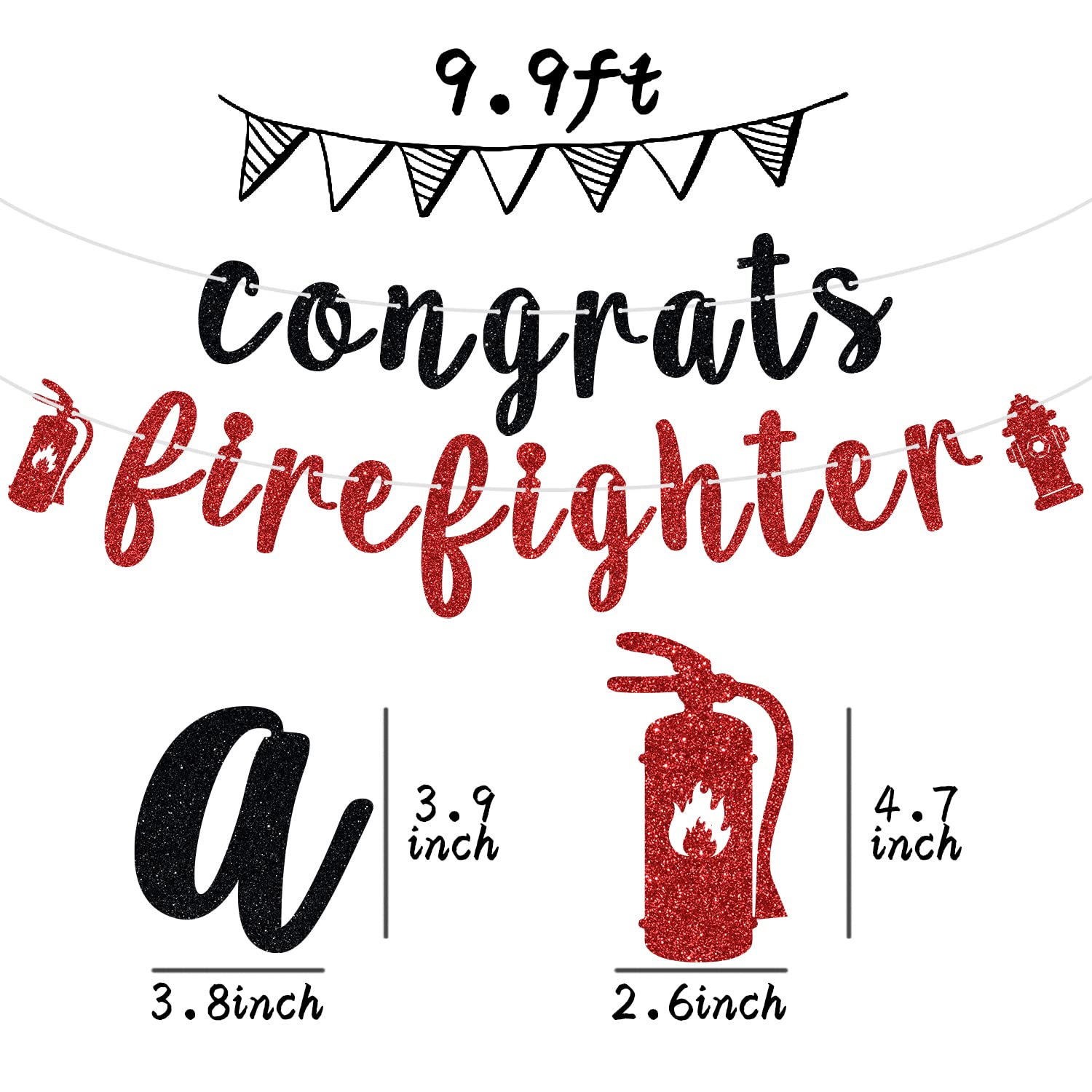 Congrats Firefighter Banner, Class of 2024/Congrats Grad, Fire Department Graduation Party Decoration Supplies for Fireman, Black and Red Glitter