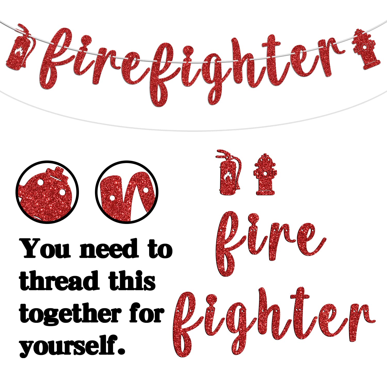 Congrats Firefighter Banner, Class of 2024/Congrats Grad, Fire Department Graduation Party Decoration Supplies for Fireman, Black and Red Glitter