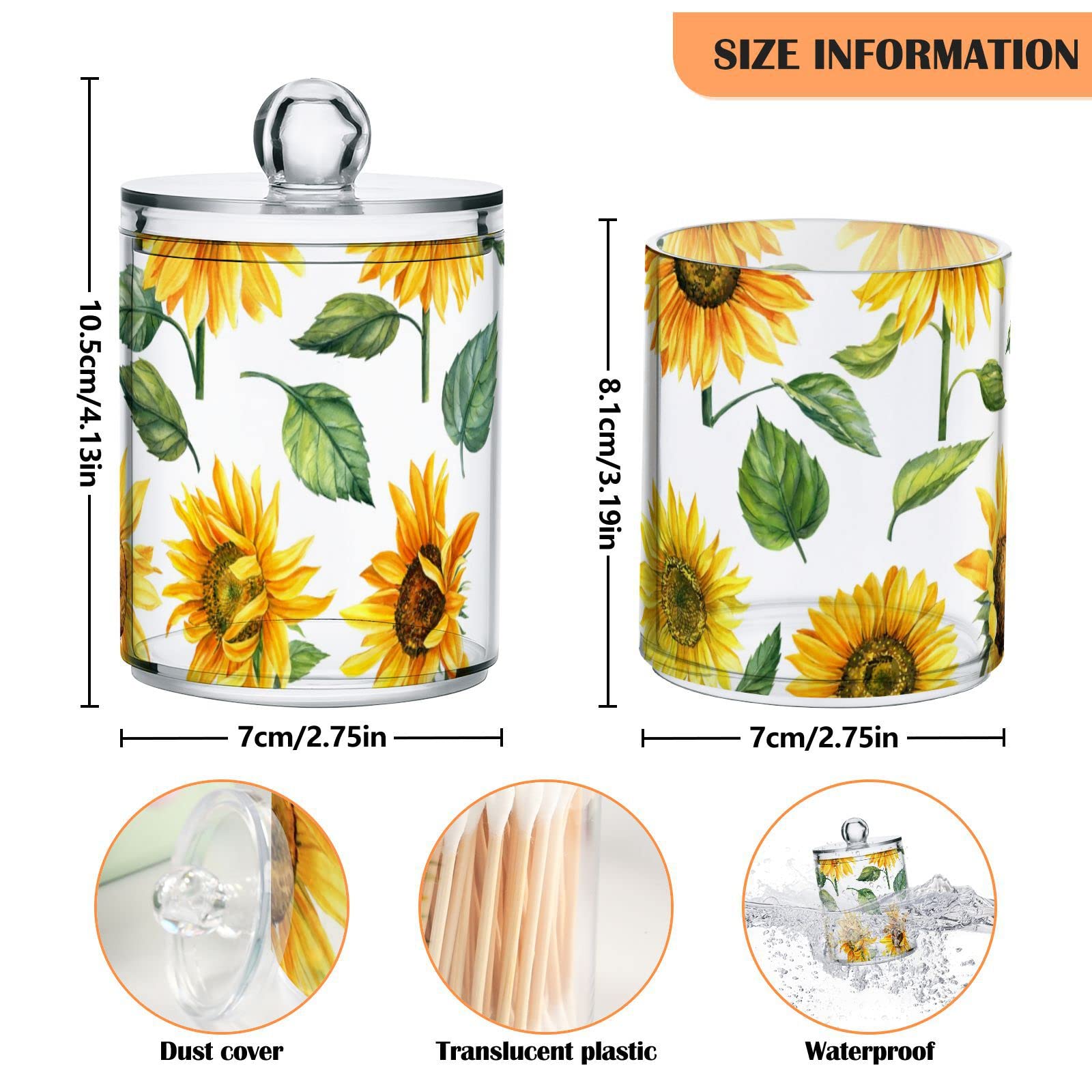 ALAZA 2 Pack Qtip Holder Dispenser for Cotton Ball Yellow Sunflower Cotton Swab Cotton Round Pads Clear Plastic Acrylic Jar Set Bathroom Canister