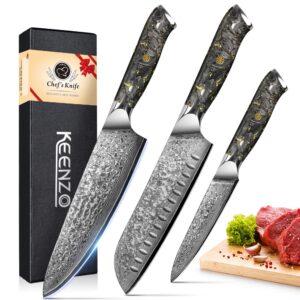 keenzo damascus knife set,professional kitchen knives set 5 pcs,sharp chef knife set.hand forged 67-layers high carbon stainless steel knives set for cooking.ergonomic full-tang handle with gift box