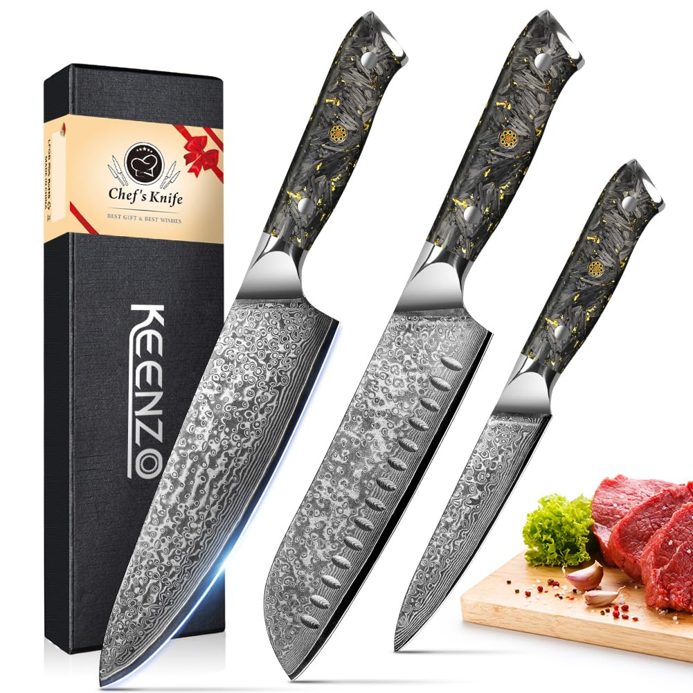 KEENZO Damascus knife set,Professional kitchen knives set 5 pcs,Sharp chef knife set.Hand forged 67-layers high carbon stainless steel knives set for Cooking.Ergonomic Full-Tang handle with gift box