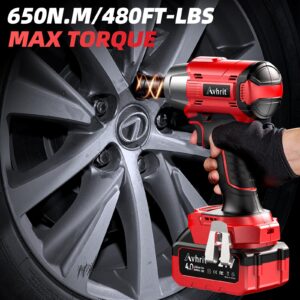 Cordless Impact Wrench 1/2 inch, 480Ft-lbs (650Nm) Brushless Power Impact Gun 1/2 drive w/ 4.0Ah Battery, 4 Sockets, 6 Screwdriver Bits, Fast Charger, Electric Impact Wrench for Car Tire