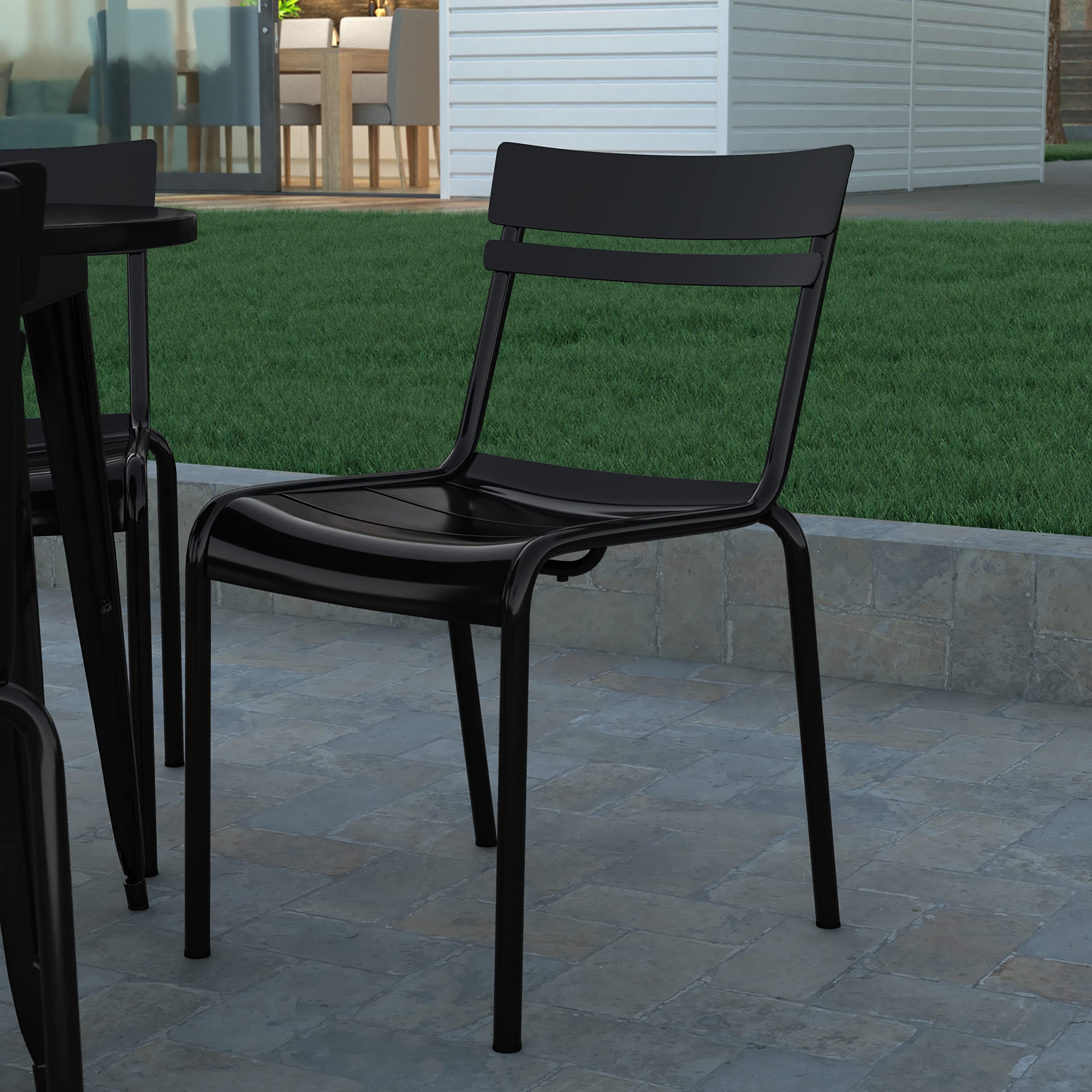 EMMA + OLIVER Rennes Armless Stacking Dining Chair - Indoor/Outdoor 2-Slat Chair with Powder Coated Frame - Black