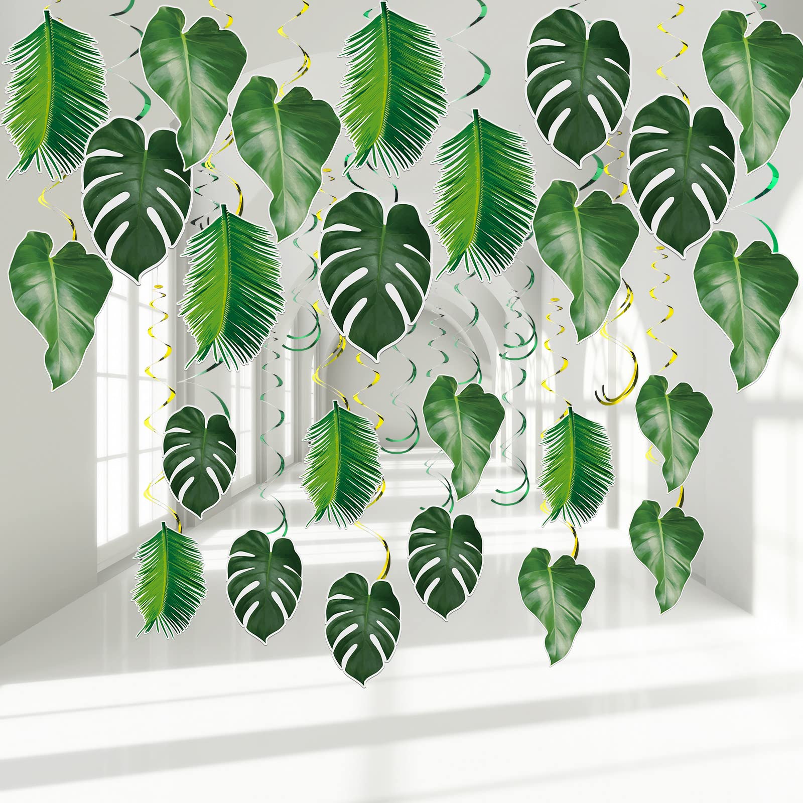 Geyee 51 Pcs Hawaiian Luau Party Palm Leaves Swirl Decorations Green Palm Leaves Hanging Decoration Ceiling Tropical Safari Jungle Party Decor for Summer Beach Baby Shower Birthday Supplies