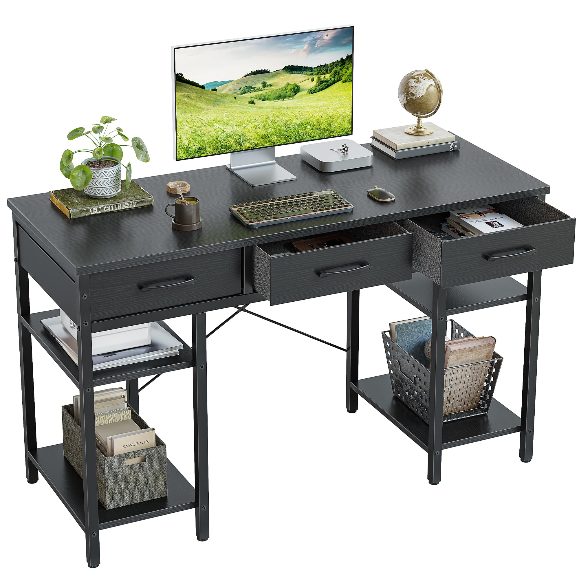 CubiCubi 47 Inch Computer Desk with 3 Drawers and Storage Shelves, Small Home Office Desk, Study Writing Gaming Table, Small Desk for Bedroom, Black