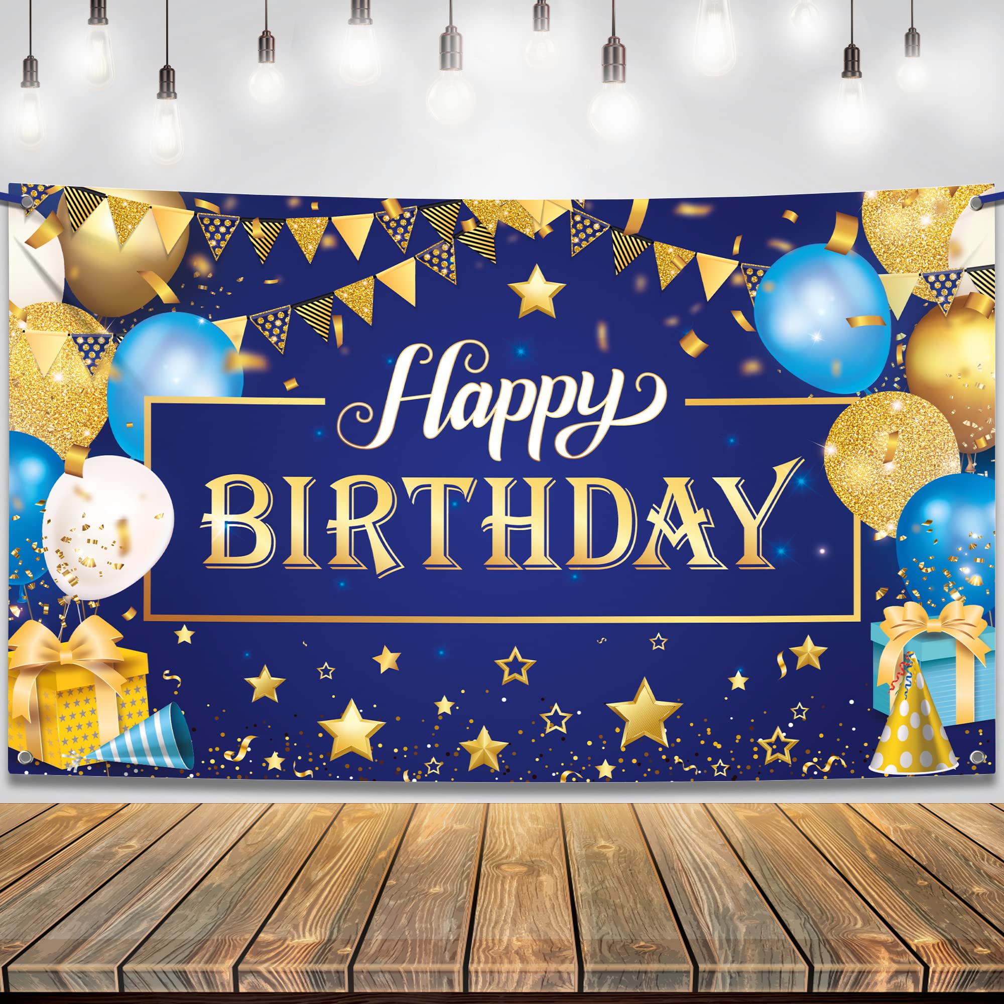 KatchOn, XtraLarge Gold and Blue Happy Birthday Banner - 72x44 Inch | Happy Birthday Backdrop for Men | Blue and Gold Birthday Backdrop for Happy Birthday Decorations | Blue Birthday Banner for Men