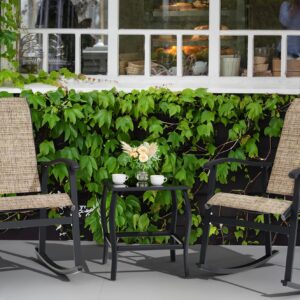 Vongrasig 3 Piece Outdoor Rocking Bistro Set, Textilene Fabric Small Patio Furniture Set, Front Porch Rocker Chairs Conversation Set with Glass Table for Lawn, Garden, Balcony, Poolside (Brown)