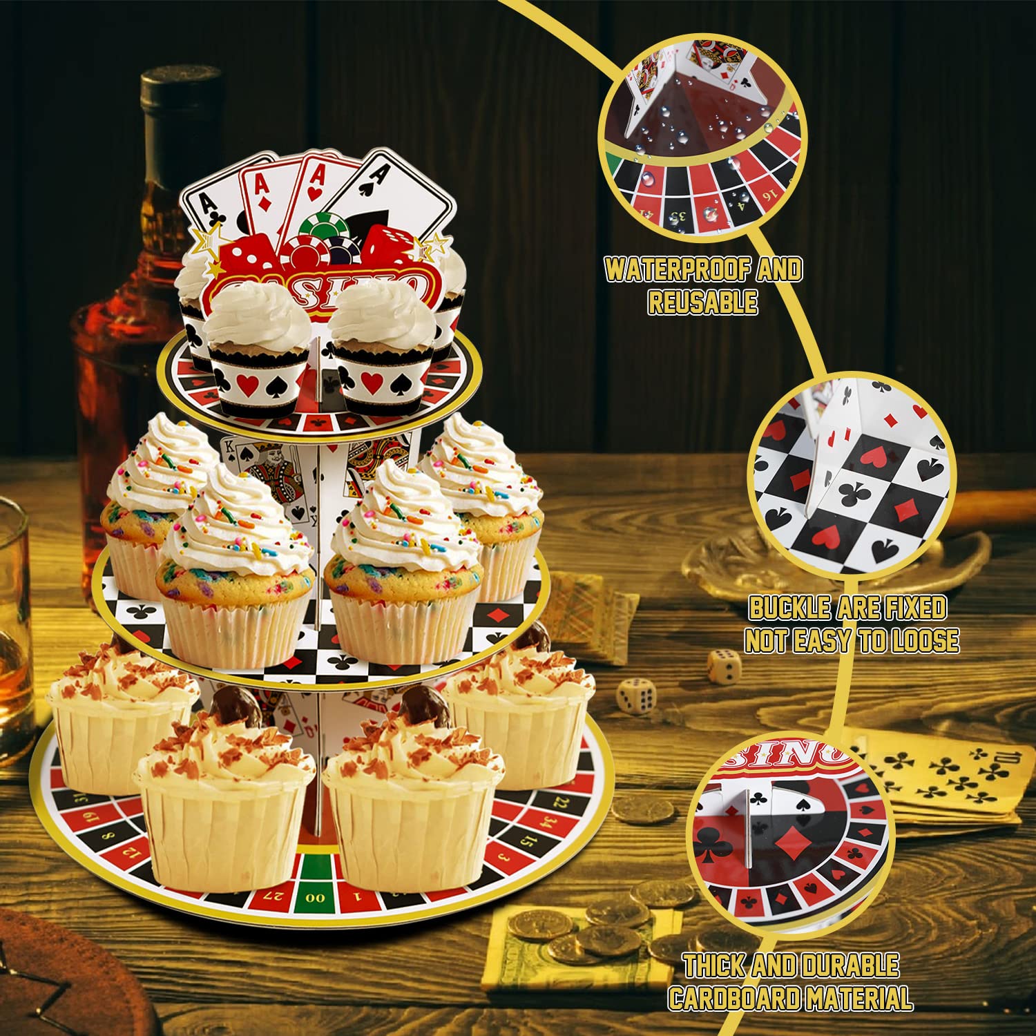 Casino Cupcake Stand 3 Tier for 24 Cupcakes Poker Dice Theme Cardboard Cake Dessert Holder Tower for Las Vegas Night Party Decoration Casino Decorations Adult Birthday Casino Themed Party Supplies