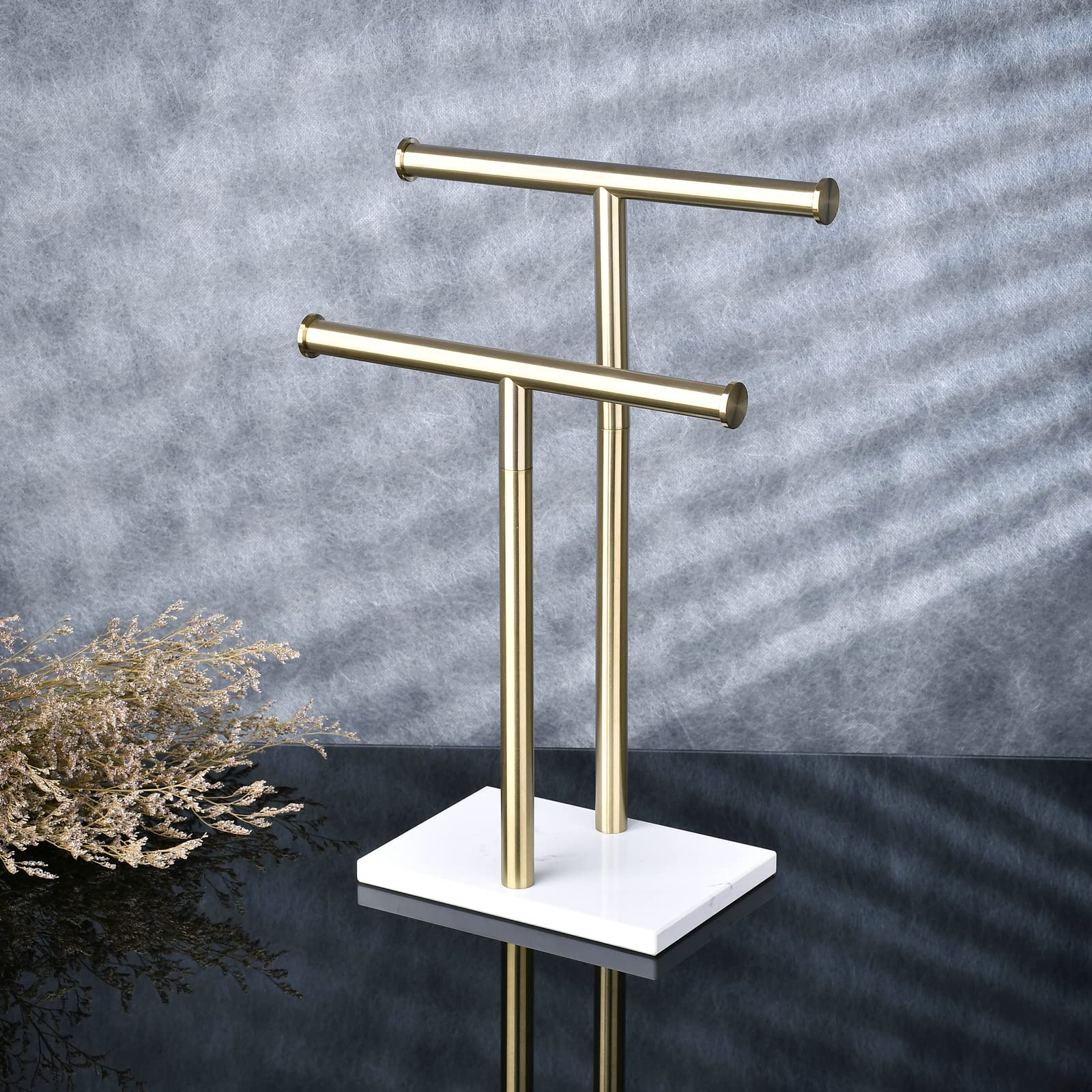 Gold Countertop Towel Rack T-Shape Towel Stand with Marble Base, Hand Towel Holder Stand for Bathroom, Kitchen,Beelee