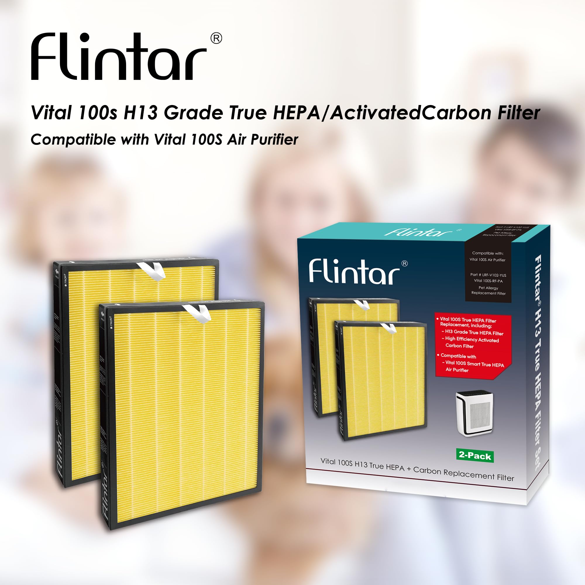 Flintar Vital 100S Pet Allergy Replacement Filter, Compatible with LEVOIT Vital 100S Air Purifier, H13 True HEPA + Activated Carbon Replacement filter, Part # Vital 100S-RF-PA, 2-Pack