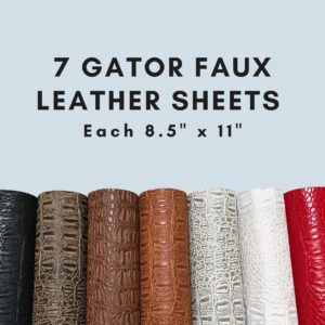 Alligator Fabric Craft Pack, 7pcs 8.5"x11" Each, Soft Textured Crocodile Vinyl Faux Leather Sheets, Gator Skin Embossed Upholstery DIY Craft and Clips Pleather Precuts