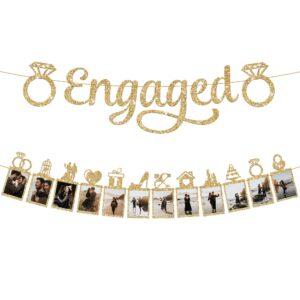 katchon, gold glitter engaged photo banner - 2 string, 10 feet, no diy | gold engagement party decorations | engagement photo banner for bachelorette party decorations | she said yes decorations