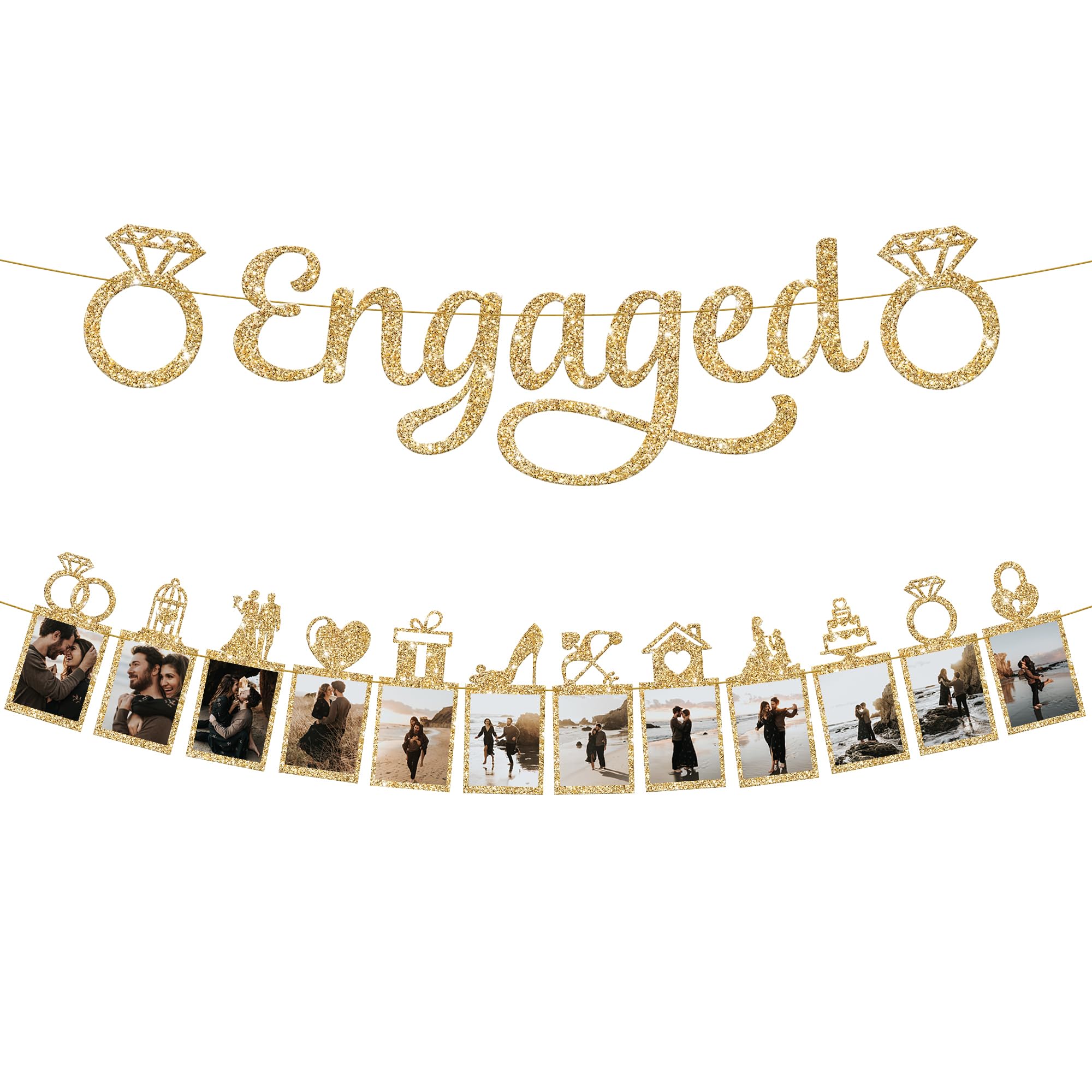 KatchOn, Gold Glitter Engaged Photo Banner - 2 String, 10 Feet, No DIY | Gold Engagement Party Decorations | Engagement Photo Banner for Bachelorette Party Decorations | She Said Yes Decorations