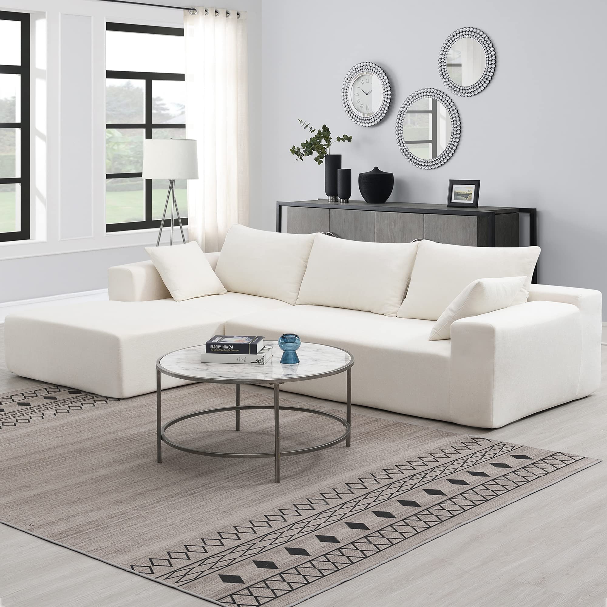 Polibi 109" L Upholstered Sofa, Modern Sectional Sofa Set with 3 Back Pillows and 2 Toss Pillows, Free Combination L-Shaped Sofa for Living Room, White