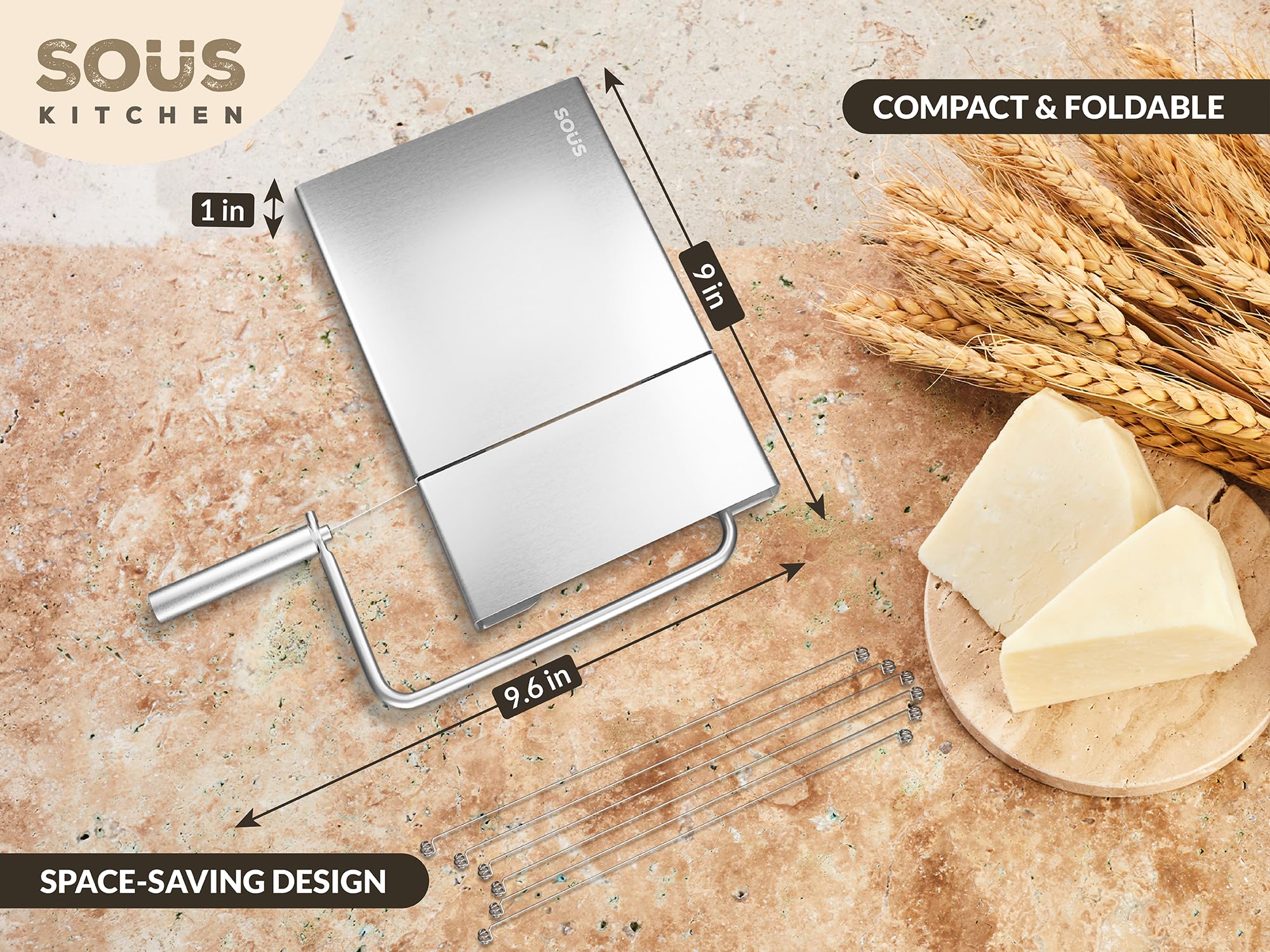 Sous Kitchen Cheese Slicers For Block Cheese - Cheese Cutter With Wire For Precise Cutting Experience - Foldable Wire Cheese Slicer - Rust Proof Cheese Slicer Wire - Dishwasher Safe Wire Cheese Cutter